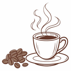 A coffee cup with steam and coffee beans