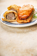 Meat pie quiche French snack fresh delicious gourmet food background on the table rustic food top view copy space