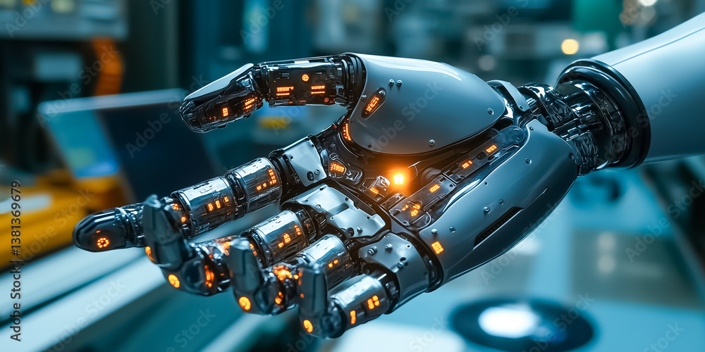 Poster robotic hand extends with visible circuitry illuminated, highlighting cutting-edge technology. high-