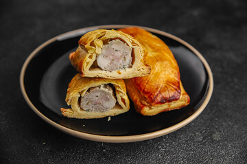Meat pie quiche French snack fresh delicious gourmet food background on the table rustic food top view copy space