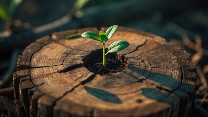 New life idea concept featuring a seedling sprouting from a tree stump. Business development and eco symbolism.