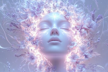 Serene face adorned with luminous flowers, a captivating blend of nature and ethereal beauty.