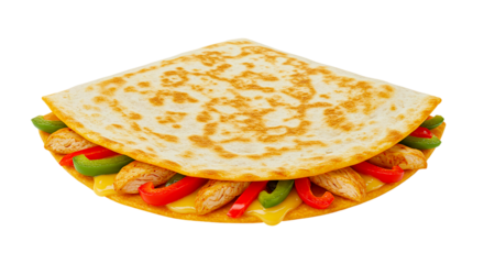 A close up of a folded quesadilla filled with chicken, cheese, and colorful bell peppers on black