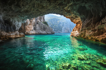 Sunlight beams through an opening, illuminating the azure waters of the famed Blue Cave in the Philippines. Serene beauty captivates within.