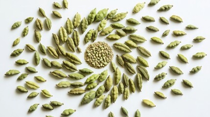 Whole green cardamom pods intricately placed in overlapping concentric circles