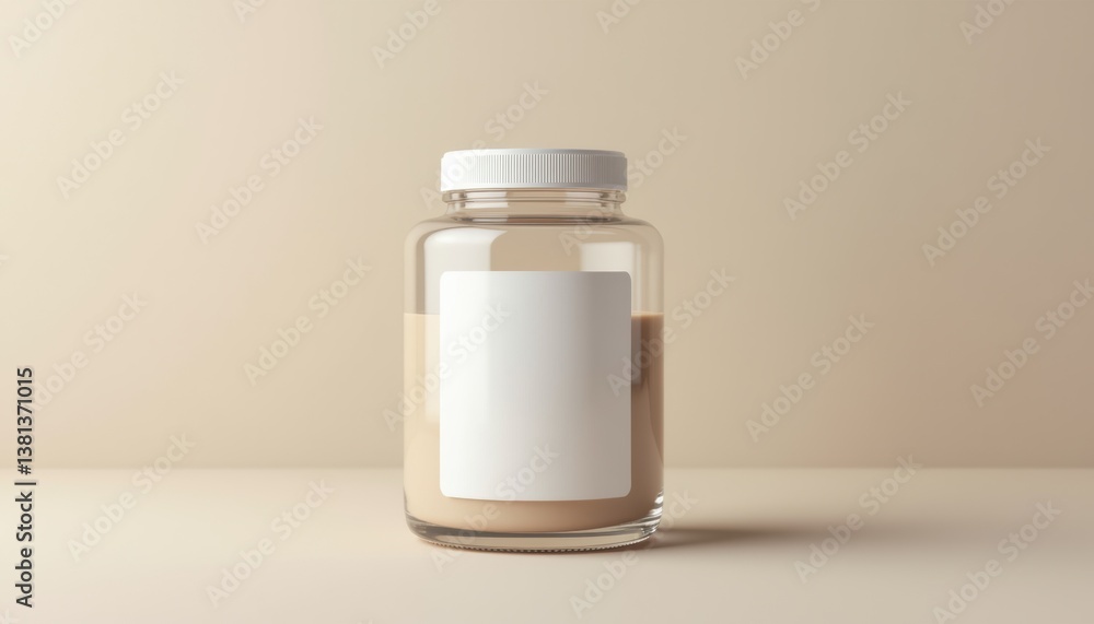 Poster clear glass jar with label and contents on simple background