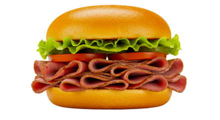 A close up shot of a sandwich with meat lettuce and tomato on a bun against a black background space