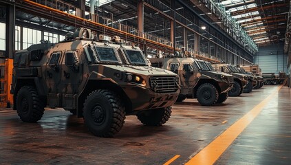 Military vehicles lined up in a large factory.  Rows of armored vehicles in a production facility