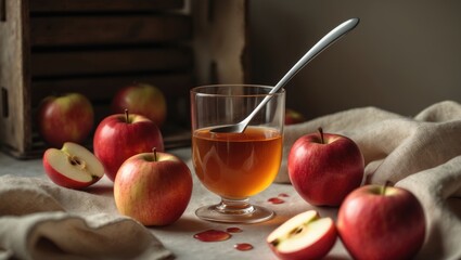 Natural apple vinegar and fresh fruits displayed on a white wooden table.