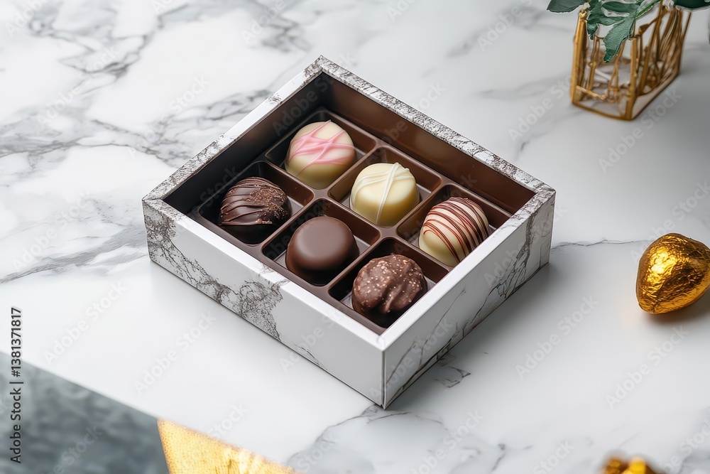 Poster a beautifully arranged box of assorted chocolates on a marble table with decorative elements