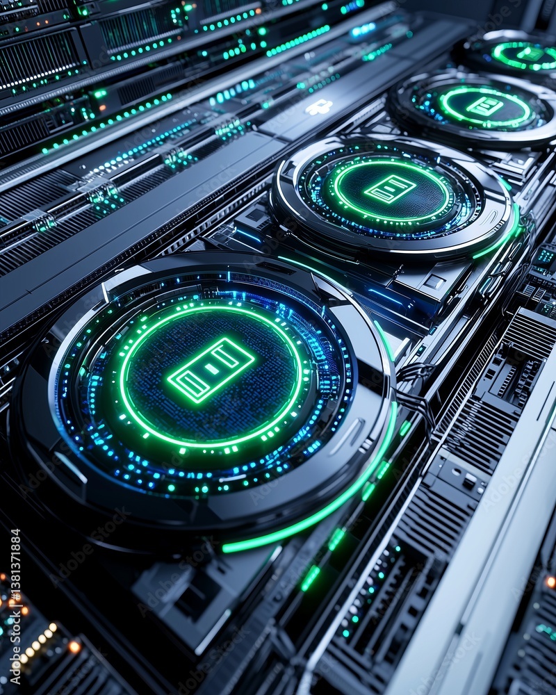 Poster 3d render of a futuristic financial data processing system featuring glowing neon lights and intrica