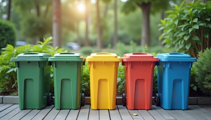 Colorful waste bins organized in a garden setting  