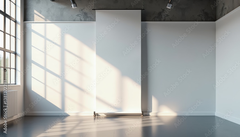 Poster Modern empty gallery with sunlight streaming through windows  