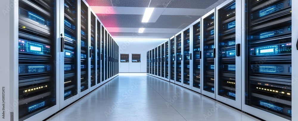 Poster a wide-angle view of a modern data center featuring rows of server racks with blue led lights, showc