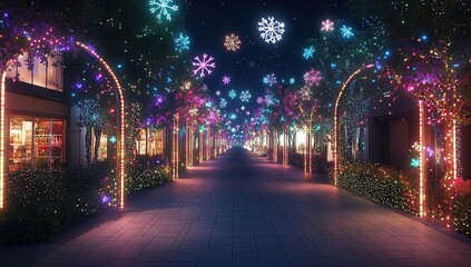 New Year's decoration, outdoor night view of an immersive street with colorful light decorations on trees