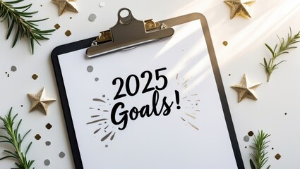 New Year's resolutions written on a decorative paper note. Committing to promises for the new year and establishing goals. Designing a vision board for dreams.