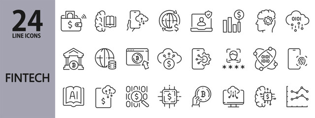 Fintech line icons set with Banking, Finance, Digital, Analytics, Cryptocurrency, Wallet and more. Editable Stroke