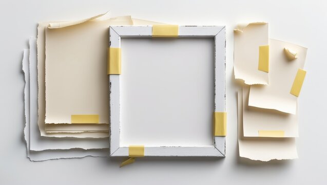 Moodboard template arrangement featuring blank photo cards, torn paper, a polaroid frame secured with adhesive tape, and isolated on a white background for effortless editing.