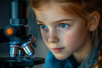 Curious girl looking through microscope during science experiment, little scientist, generative AI