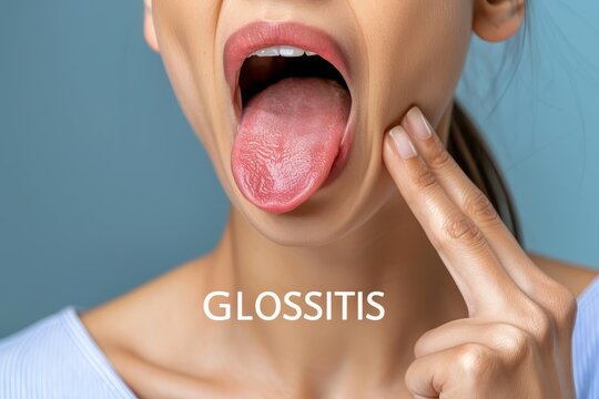 A close-up of a woman's mouth showing her tongue with glossitis symptoms, highlighting redness and swelling against a blue background.