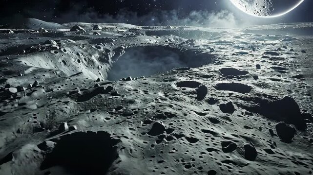 Enigmatic lunar landscape, stark craters under an alien sky. Anomalies hint at lunar bases and ancient civilizations, a cosmic puzzle awaiting exploration