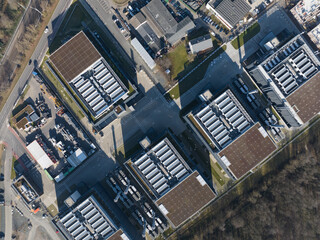 Top down view on data centers, IT, AI, Big data, top down, IT infrastructure.