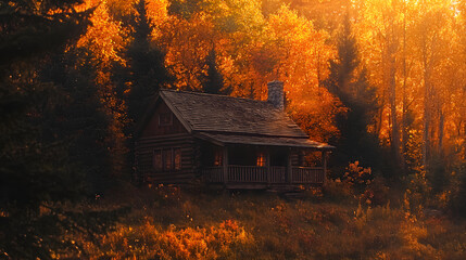 A rustic log cabin surrounded by a fiery autumn forest with the last rays of sunlight peeking through.