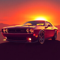  Abstract futuristic sci-fi style illustration, smooth gradient transition, sleek muscle car with glossy finish against a sunset art illustration design