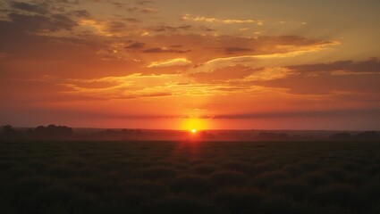 Fototapeta premium Natural Sunset Sunrise Above Field Or Meadow. Bright Dramatic Sky And Dark Ground. Countryside Landscape Beneath Colorful Scenic Sky At Sunset Dawn Sunrise. Sun Rising Over Horizon, Warm Colours.