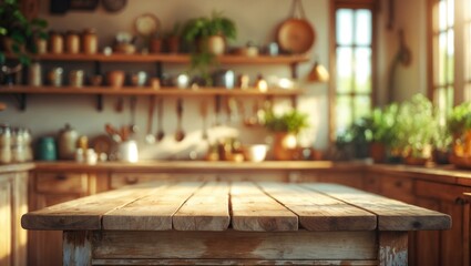 Fototapeta premium Wooden tabletop with a wooden pedestal and available space for your decoration. Kitchen interior featuring shelves. Natural light and shadows. Mockup area for your products.