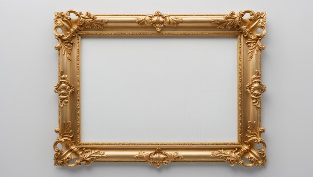 Old horizontal long rococo gold picture frame on a white background with cut-out canvas.