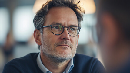 Obraz premium Middle-aged manager deep in thought listening to a colleague in office