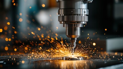 A powerful CNC machine is at work, creating sparks as it precisely cuts metal, demonstrating modern technology and craftsmanship in manufacturing.