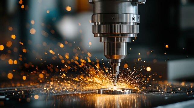 A powerful CNC machine is at work, creating sparks as it precisely cuts metal, demonstrating modern technology and craftsmanship in manufacturing.