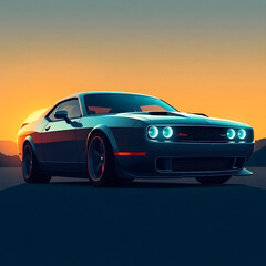 Obraz premium Abstract futuristic sci-fi style illustration, smooth gradient transition, sleek muscle car with glossy finish against a sunset art illustration design