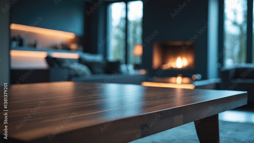 Poster wooden tabletop in front of a blurred background. perspective view of light wood over background blu