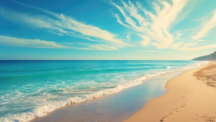 Ocean Beach under a clear blue sky on a sunny day by the sea. Unoccupied sea with a blue sky during the summer at the beach.