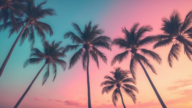 Copy space featuring the silhouette of tropical palm trees against an abstract background. Concept of summer vacation and nature travel adventure. Filter effect in pastel tone color style.