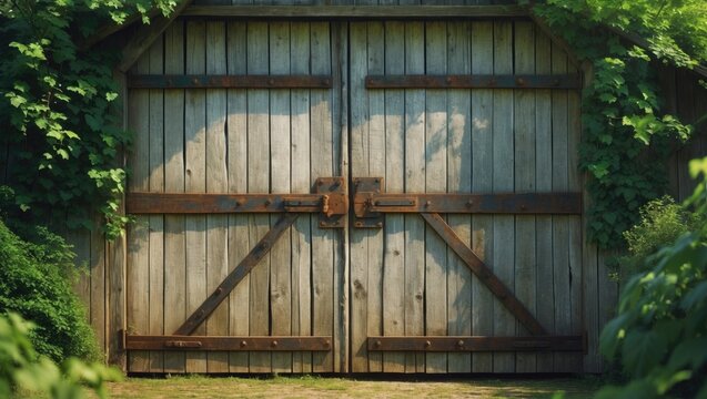 Weathered wooden barn door with steel hinges