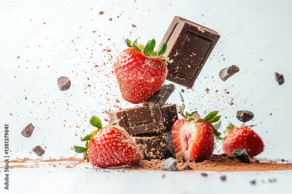 Poster a dynamic explosion of strawberries and chocolate creating a visually appealing dessert scene