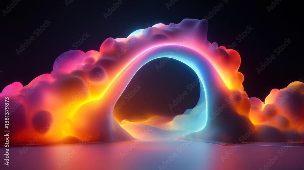 Poster abstract neon 3d render of glowing archway in surreal environment - vibrant and psychedelic colors -
