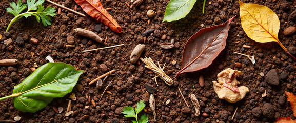 Earthy compost pile with vibrant leaves, nature's cycle of life