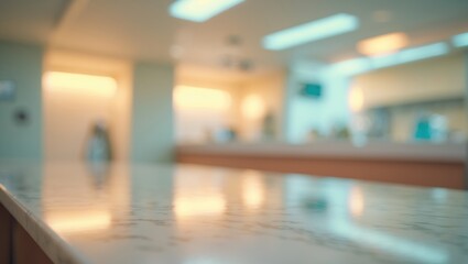 Fototapeta premium Marble table surface with blurred medical interior backdrop.