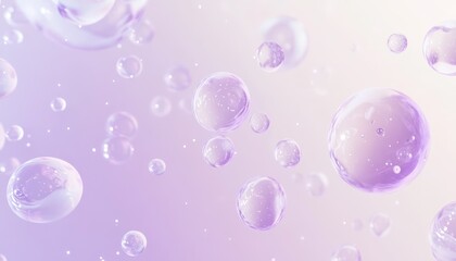 Abstract background of light purple glowing molecules and transparent bubbles, placed on a gradient from soft lavender to white