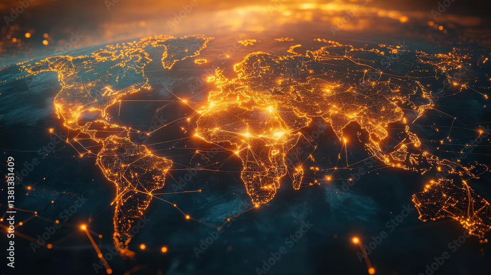 Poster global shipping network map with highlighted routes and connections, illuminated world trade routes,
