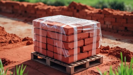 New bricks stacked on a pallet resting on the clay surface of a construction site, selective focus.