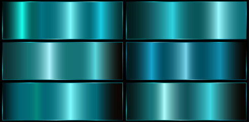A set of six blue gradients with outline on black background. Metallic gradient effects for text and infographic design. A metallic flag. Vector