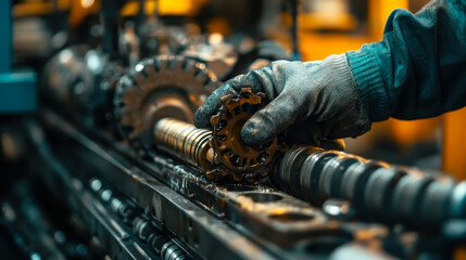 Mechanic's Hands Fine-Tuning Industrial Machinery in Factory Workshop Setting with Focus on Gear Mechanism Maintenance