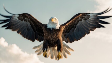 Obraz premium Mature American bald eagle soaring and separated against a bright white cloud-filled sky background.
