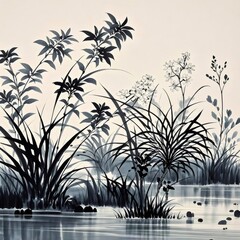 Ink Wash Painting of Wetland Flora Reflecting on Water Surface with Intricate Plant Detail and Tranquil Atmosphere